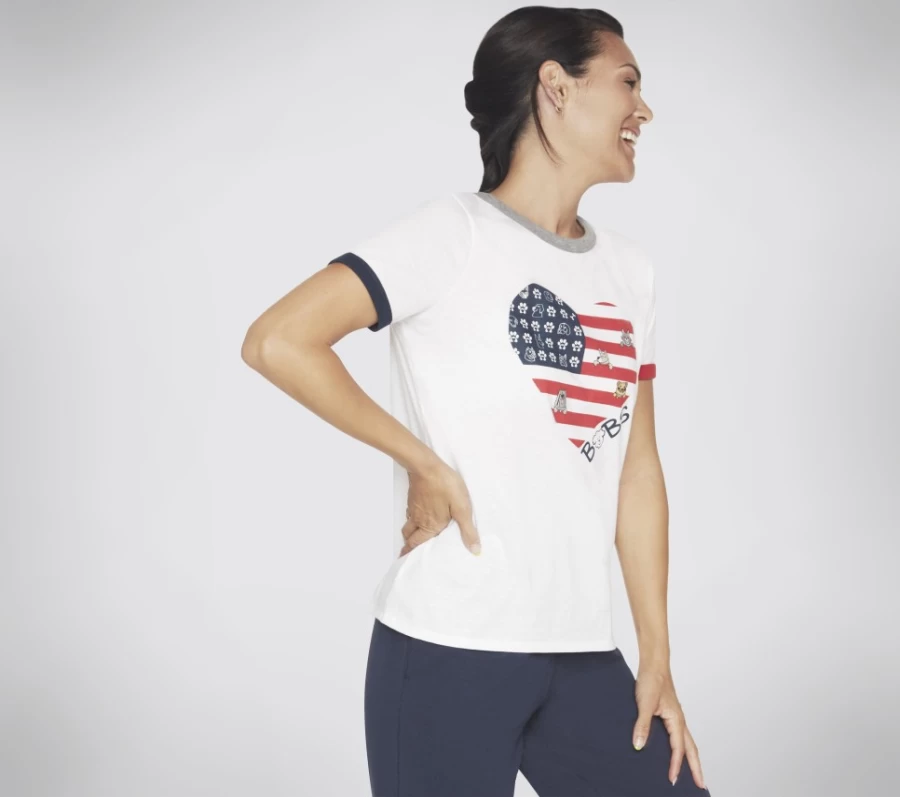 SKECHERS Women's White Heart Ringer Tee - Bobs Flag Graphic Short Sleeve Top