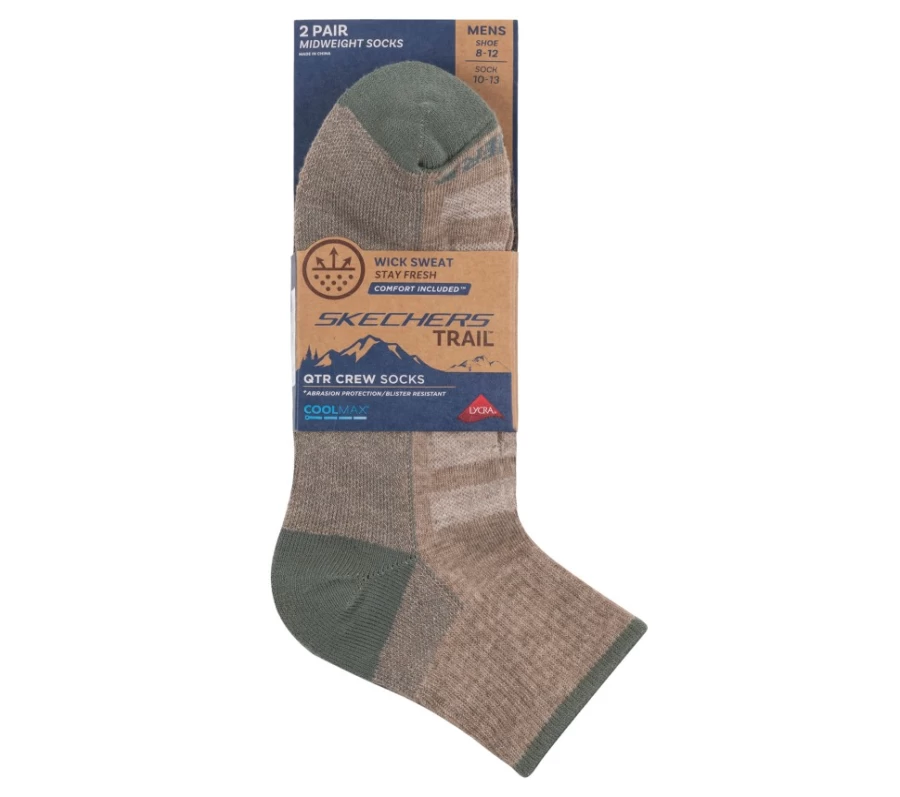 SKECHERS Men's Brown Coolmax Trail Quarter Socks - 2 Pack Moisture Wicking Hiking Socks