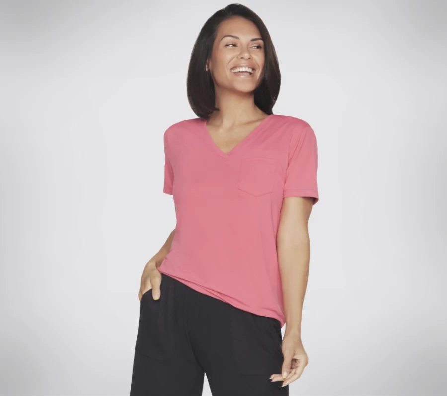 SKECHERS Women's Go Dri Serene V-Neck Tee - Moisture Wicking Red & Blue Athletic Top