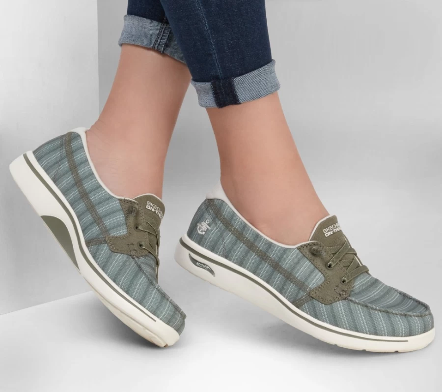 SKECHERS Women's Arch Fit Uplift Sneakers in Olive - Anchored Dreams Comfort Walking Shoes