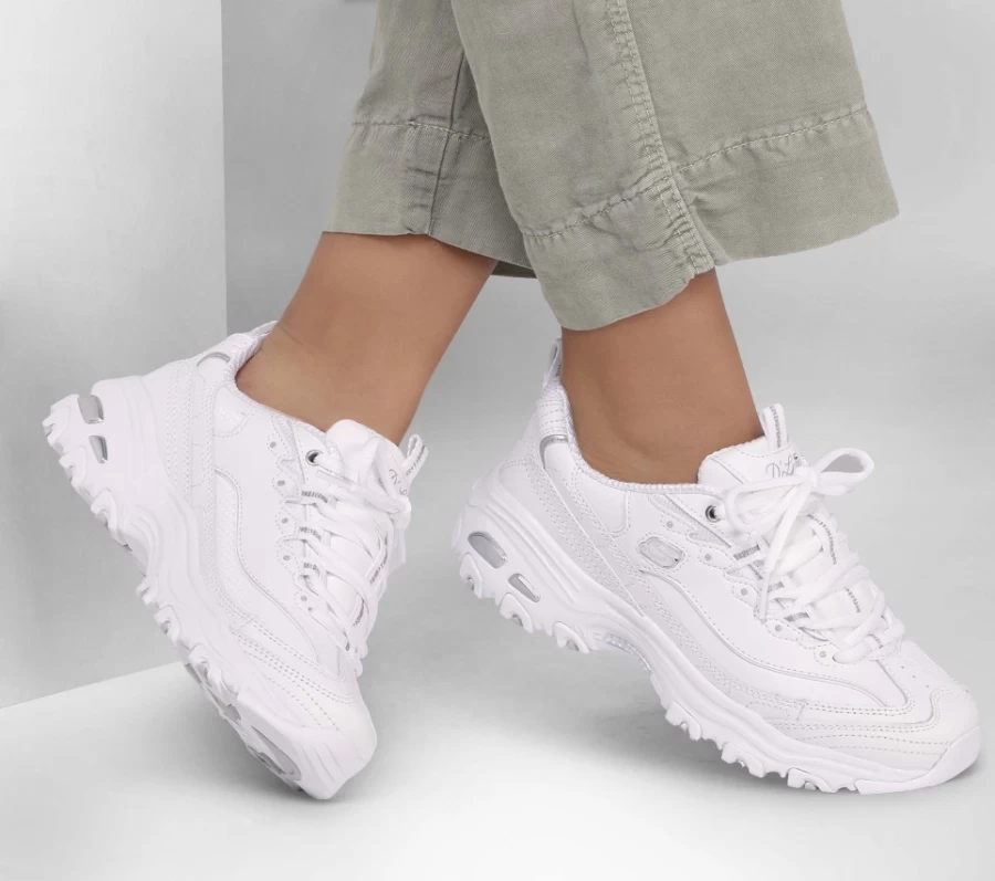 SKECHERS Women's D'Lites Fresh Start Sneakers in White & Silver