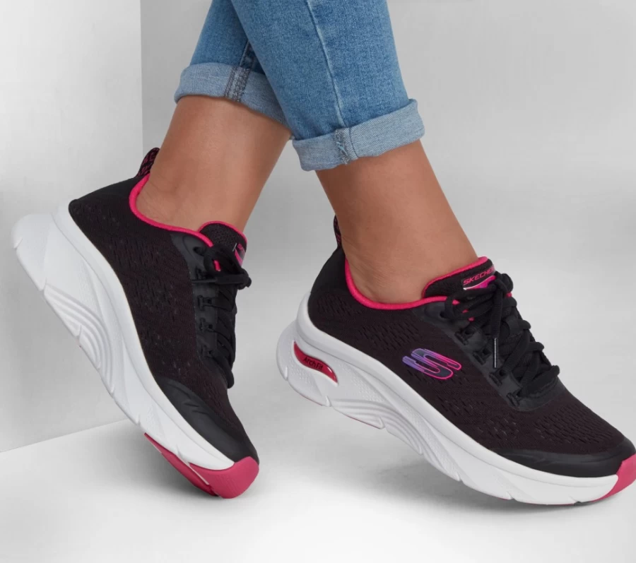 SKECHERS Women's Arch Fit D'Lux Relaxed Fit Sneakers - Cozy Comfort in Black & Hot Pink