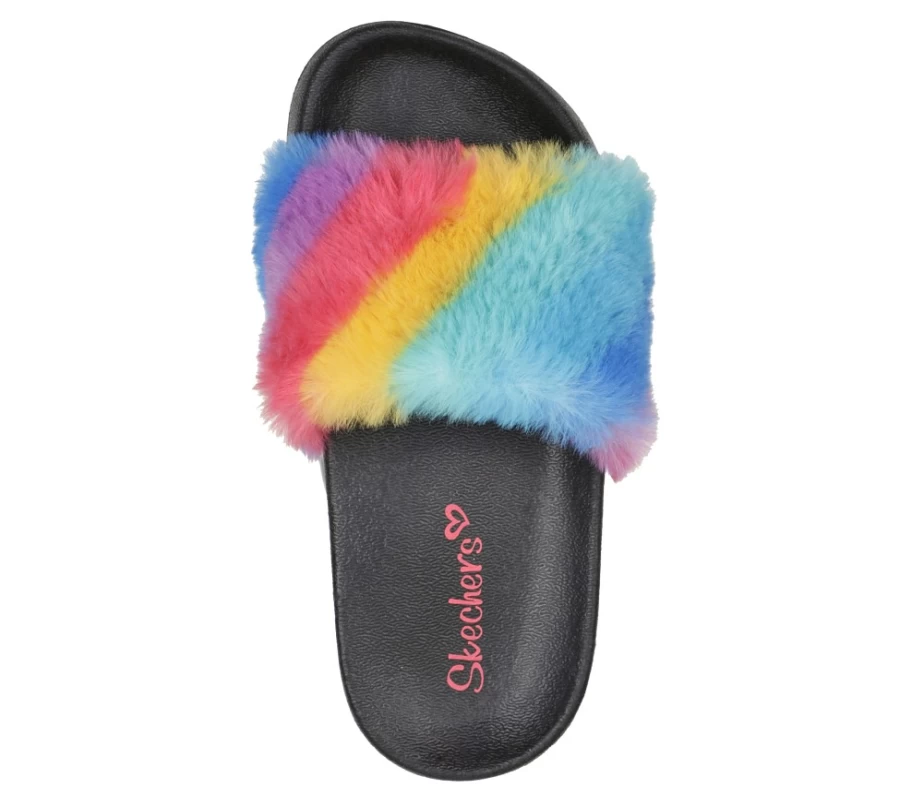 SKECHERS Kids' Sunny Slides - Fuzzy Steps Sandals in Black & Multi Colors