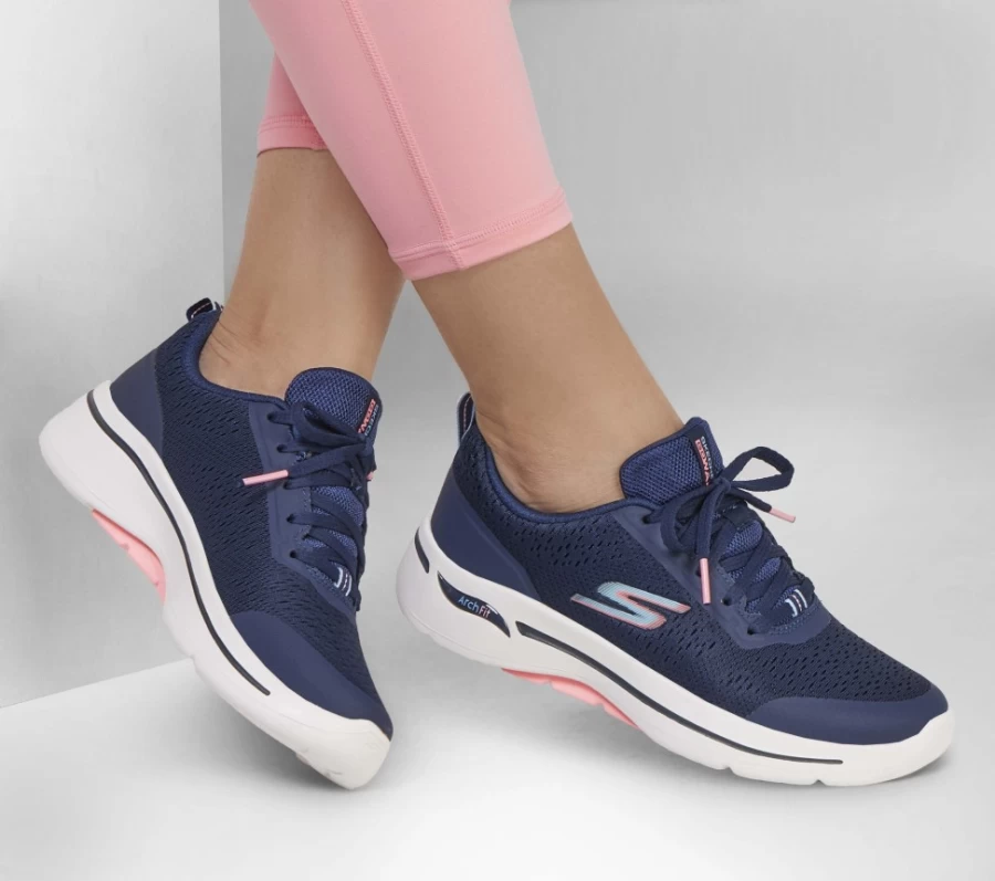 SKECHERS Women's Go Walk Arch Fit - Uptown Summer Sneakers in Navy & Pink | Comfortable Walking Shoes
