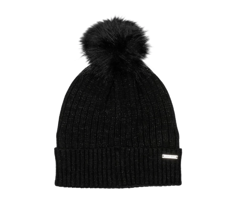 SKECHERS Women's Black Metallic Ribbed Beanie Hat - Stylish Winter Knit Cap