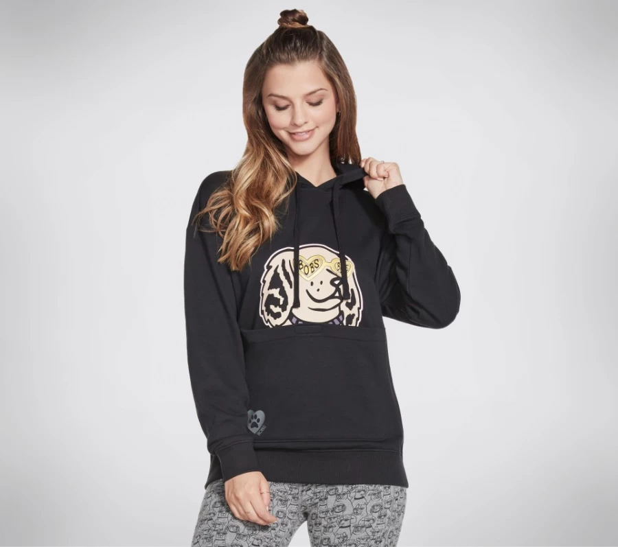 SKECHERS Women's Black Classy Lassie Pouch Pullover Hoodie - Bobs Apparel Comfort Fit Sweatshirt