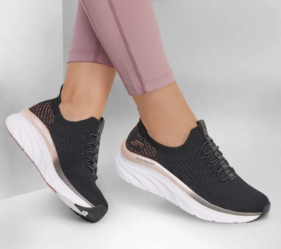 "SKECHERS Women's D'Lux Walker Relaxed Fit Sneakers in Black & Rose Gold - Comfortable Light-Up Shoes"