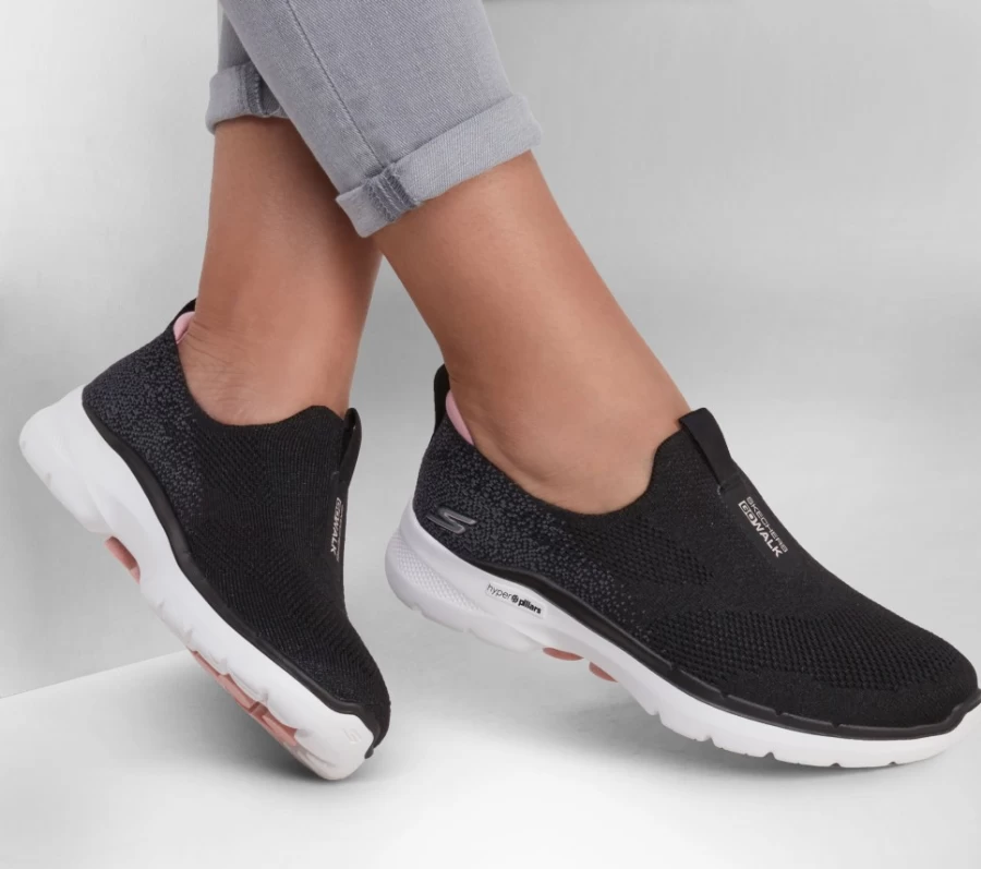 SKECHERS Women's Gowalk 6 Glimmering Walking Shoes - Black & Pink Comfortable Sneakers