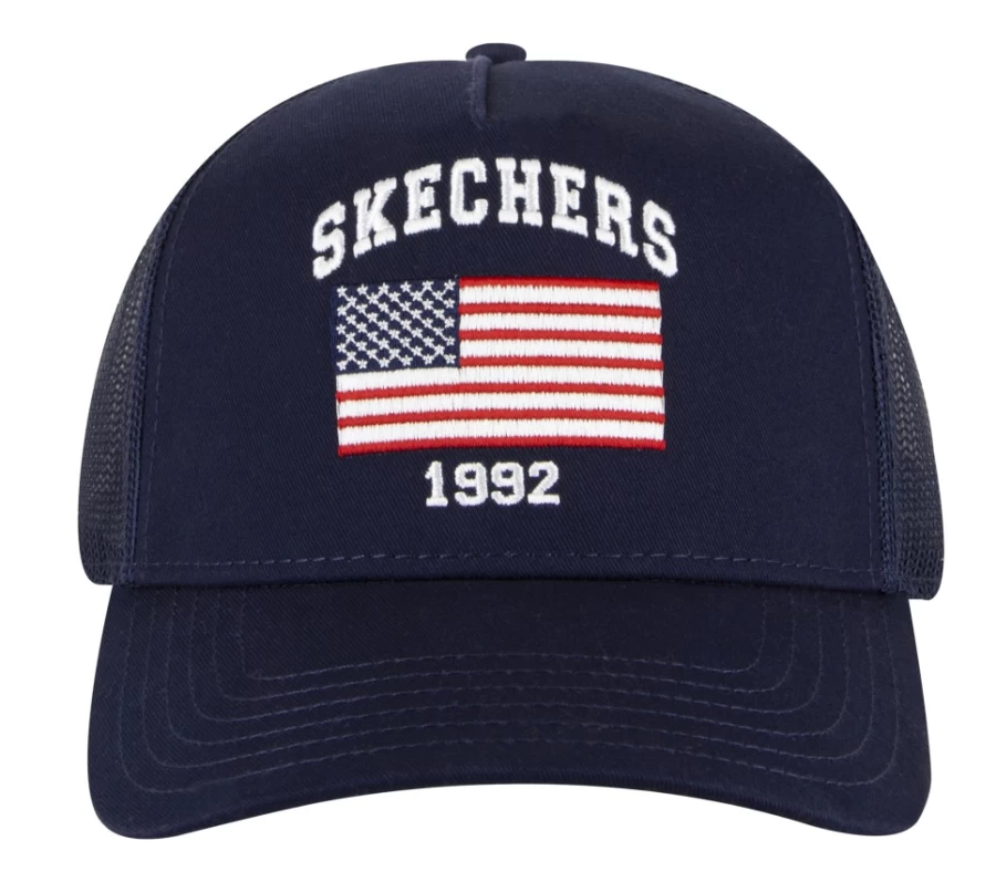 SKECHERS Men's Navy USA Flag Trucker Hat - Adjustable Baseball Cap for Men