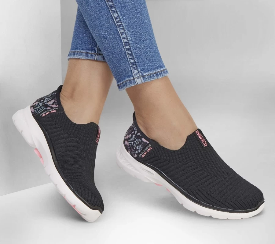 SKECHERS Women's Go Walk 6 Slip-On Walking Shoes - Black & Pink | Slip-Ins Comfort Sneakers