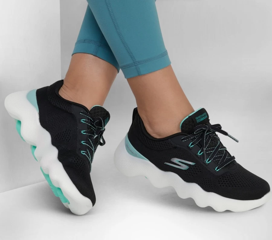 SKECHERS Women's Go Walk Massage Fit Walking Shoes - Black & Turquoise Slip-On Sneakers for Comfort & Support