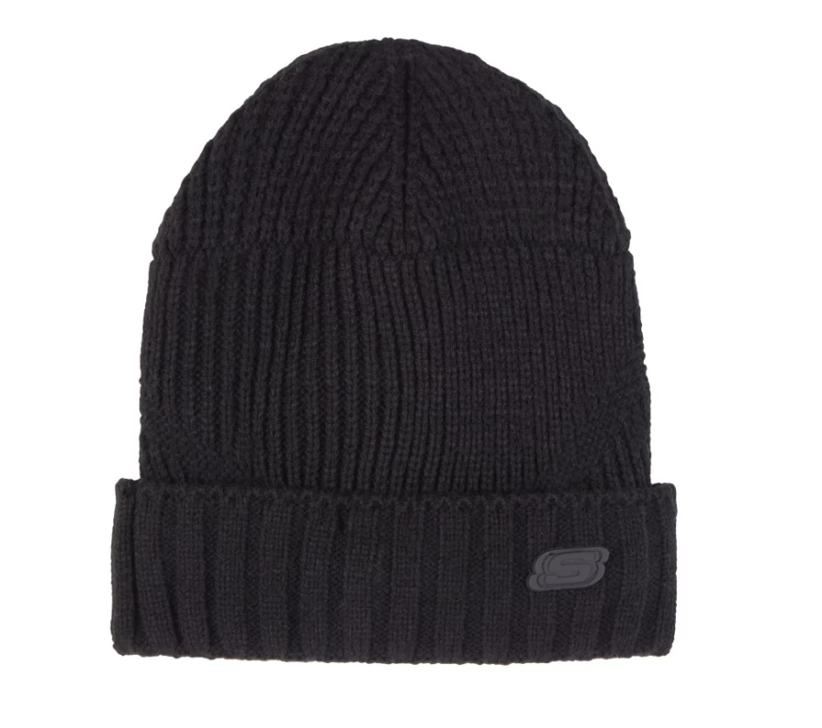 SKECHERS Men's Black Mixed Rib Knit Beanie - Warm Winter Hat