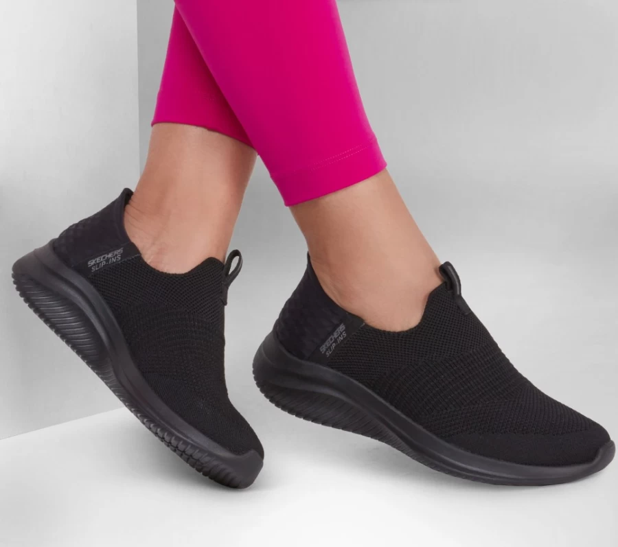 SKECHERS Women's Ultra Flex 3.0 Slip-On Sneakers in Black - Cozy Streak Comfort Walking Shoes