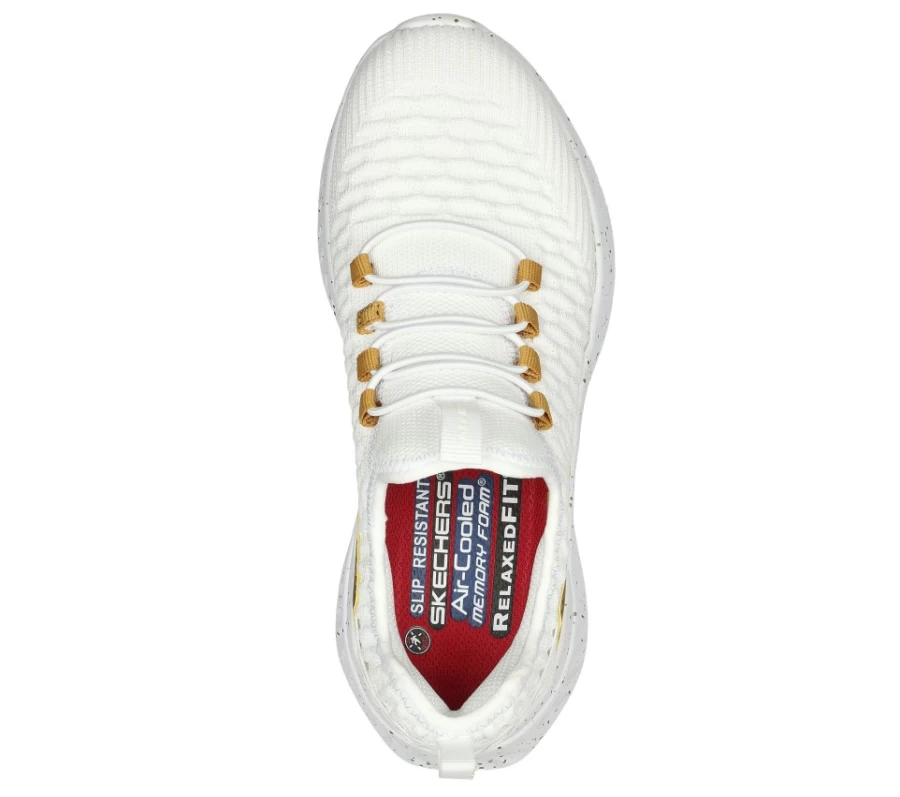 SKECHERS Women's Work Relaxed Fit Sneakers in White & Gold - Tilido Clairit Sr Comfort Shoes