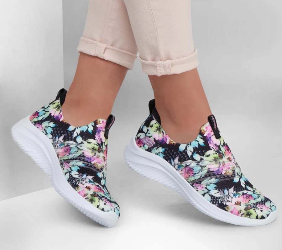 SKECHERS Women's Ultra Flex 3.0 Sneakers in Black/Multi - Flower Road Design for Comfort & Style