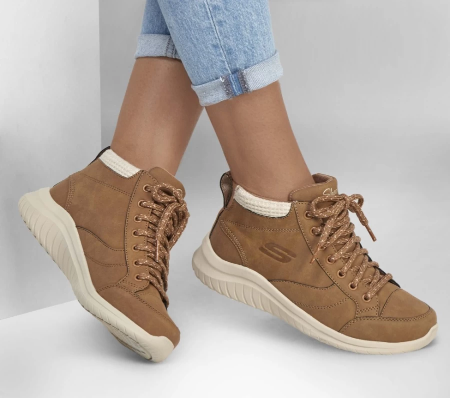 SKECHERS Women's Ultra Flex 2.0 Social Crew Sneakers in Chestnut - Comfortable Walking Shoes