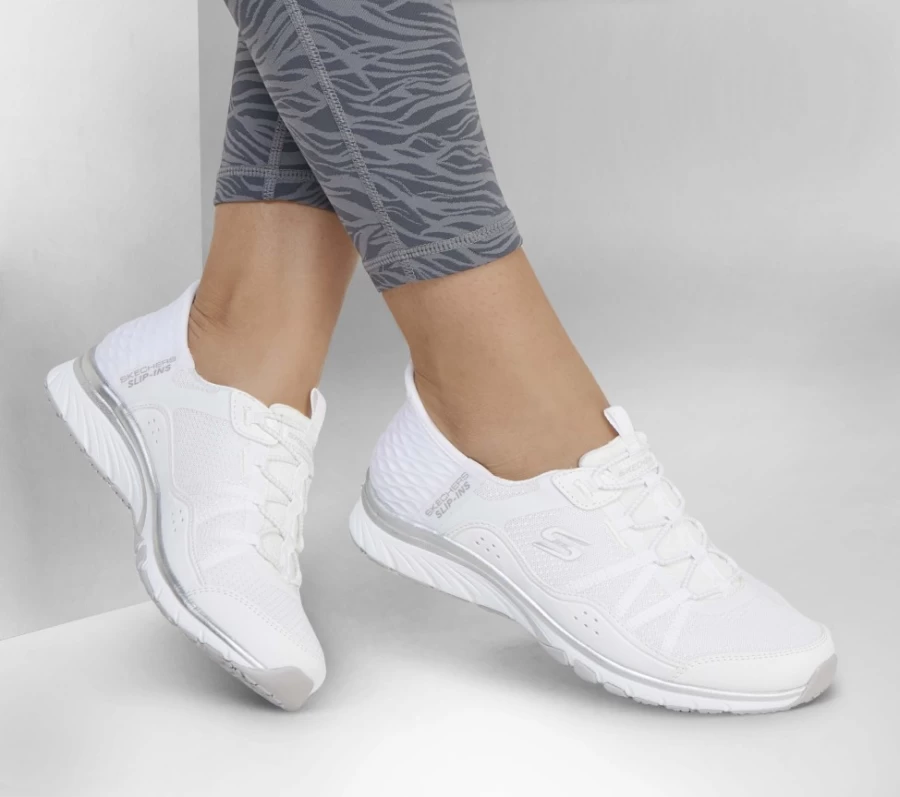 SKECHERS Women's Slip-Ins Gratis Sport Sneakers in White & Silver - Lightweight Comfort Walking Shoes