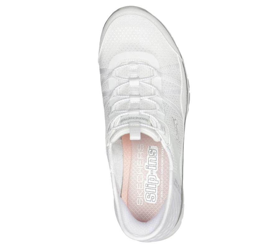 SKECHERS Women's Slip-Ins Gratis Sport Sneakers in White & Silver - Lightweight Comfort Walking Shoes