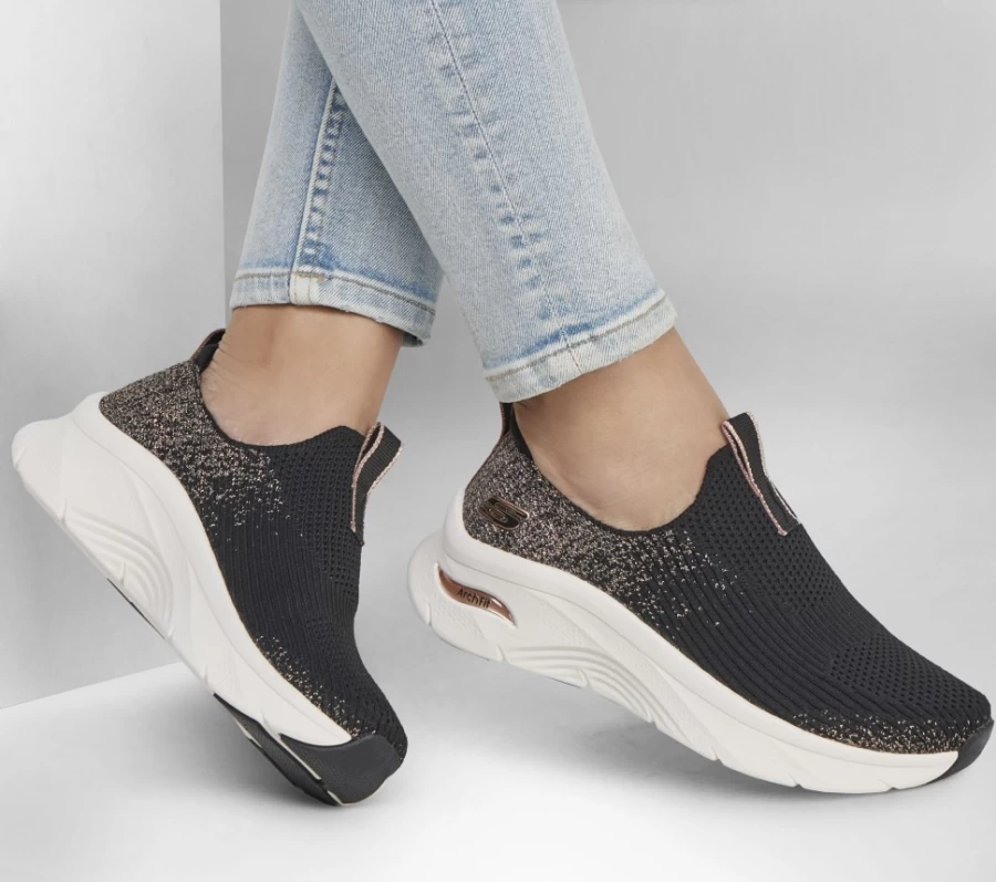 SKECHERS Women's Arch Fit D'Lux - Glimmer Dust Relaxed Fit Sneakers in Black & Rose Gold