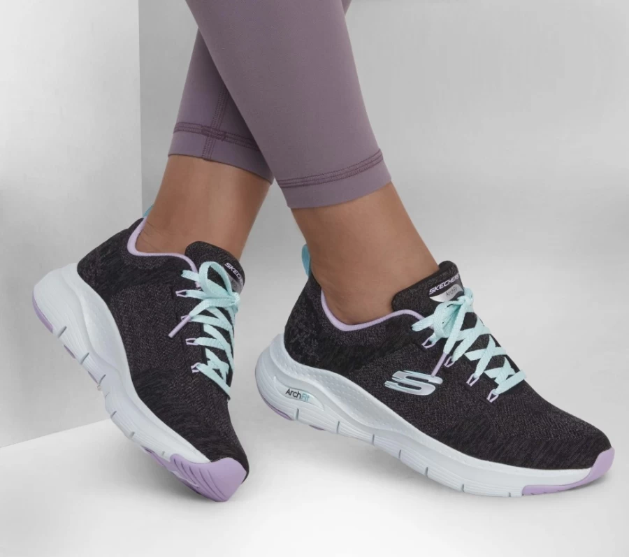 SKECHERS Women's Arch Fit Comfy Wave Sneakers in Black & Lavender - Supportive Walking Shoes