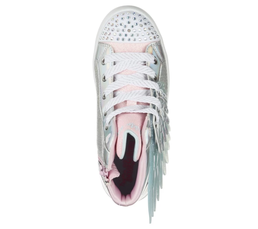 SKECHERS Kids Twinkle Toes Twi-Lites 2.0 Light-Up Sneakers in Silver & Pink with Unicorn Wings Design