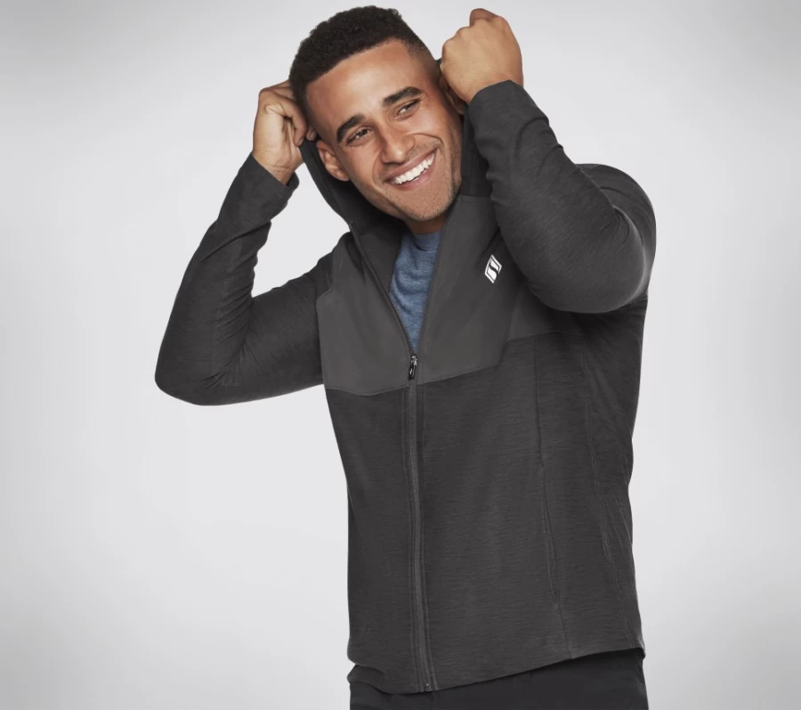 SKECHERS Men's Ultra Go Lite Full Zip Hoodie - Black & Charcoal Lightweight Sweatshirt