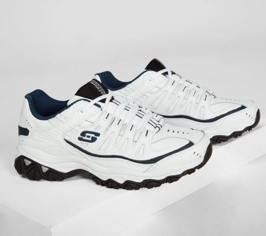 SKECHERS Men's After Burn Memory Fit Sneakers in White/Navy - Comfortable Athletic Shoes