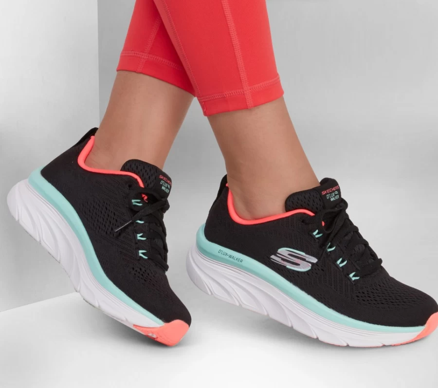 SKECHERS Women's D'Lux Walker Relaxed Fit Sneakers in Black & Mint - Fresh Finesse Comfort Shoes