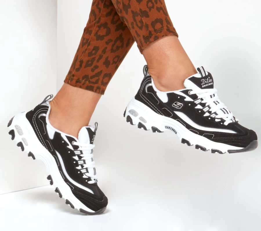 SKECHERS Women's D'Lites - Biggest Fan Sneakers in Black & White | Lightweight Comfort Walking Shoes