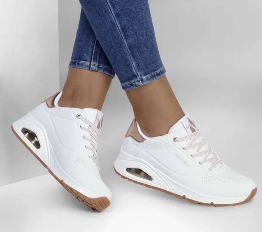 SKECHERS Women's Uno - Shimmer Away Sneakers in White | Lightweight Comfortable Walking Shoes