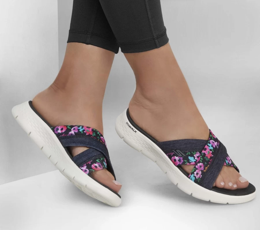 SKECHERS Women's Go Walk Flex Sandal - Black & Multi Floral Blossoms Comfortable Walking Shoes