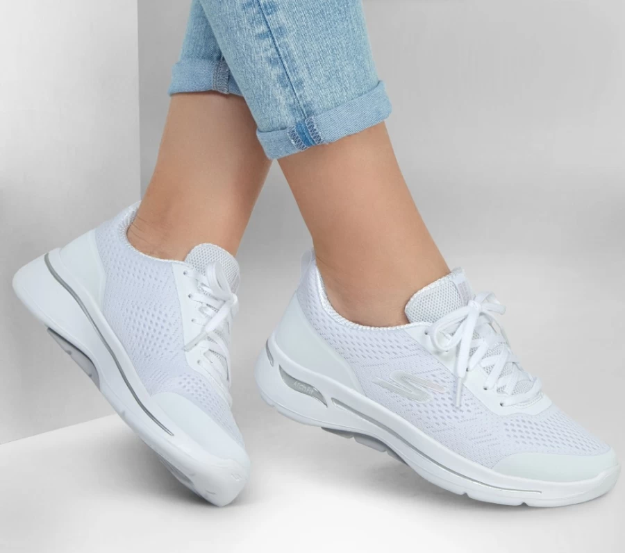 SKECHERS Women's Go Walk Arch Fit Motion Breeze Walking Shoes - White & Silver