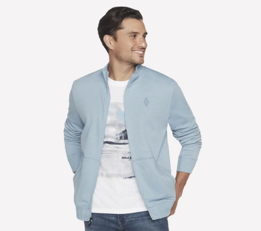 SKECHERS Men's Light Blue & White Hoodless Hoodie Go Walk Everywhere Jacket