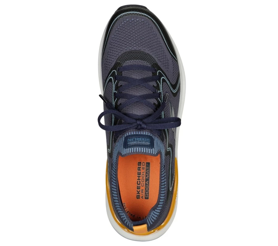 SKECHERS Men's Max Cushioning Hyper Burst Sneakers in Navy/Orange - Smooth Strike Running Shoes