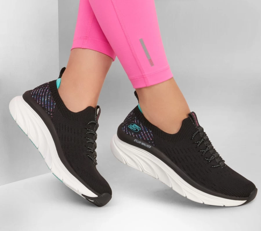 SKECHERS Women's D'Lux Walker - Relaxed Fit Sneakers in Black & Light Blue | Star Stunner Design