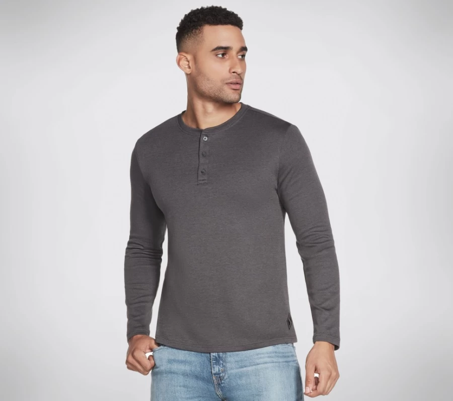 SKECHERS Men's Charcoal Goknit Pique Henley Shirt - Comfortable Knit Top