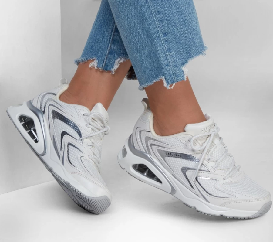 SKECHERS Women's Tres-Air Uno Vision-Airy Sneakers in White & Silver