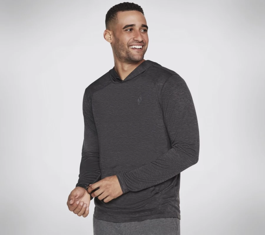 SKECHERS Men's On The Road Hooded Long Sleeve Pullover - Black / Charcoal Athletic Sweatshirt