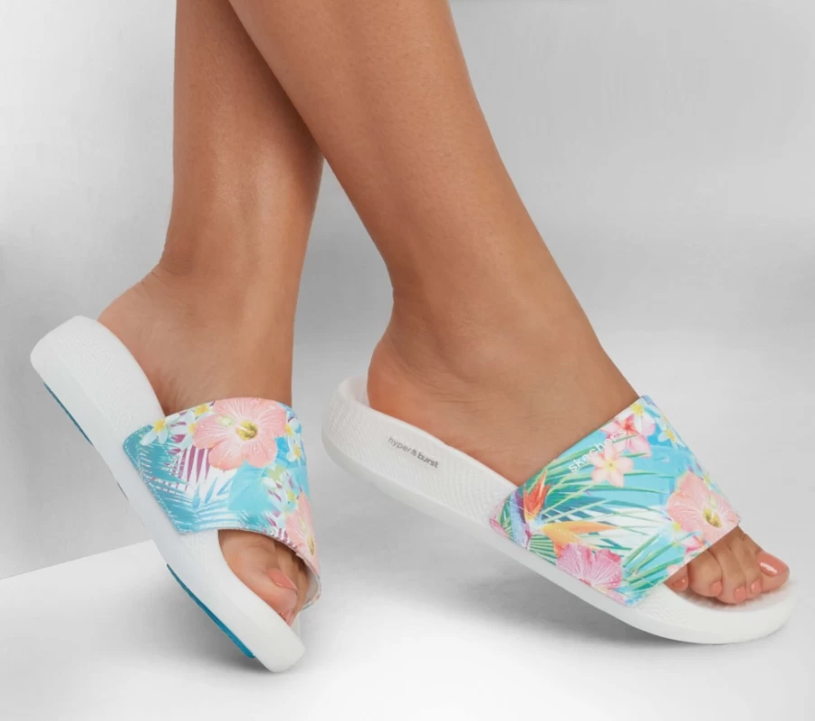 SKECHERS Women's Hyper Slide Sandals in White & Multi - Tropical Comfort & Style