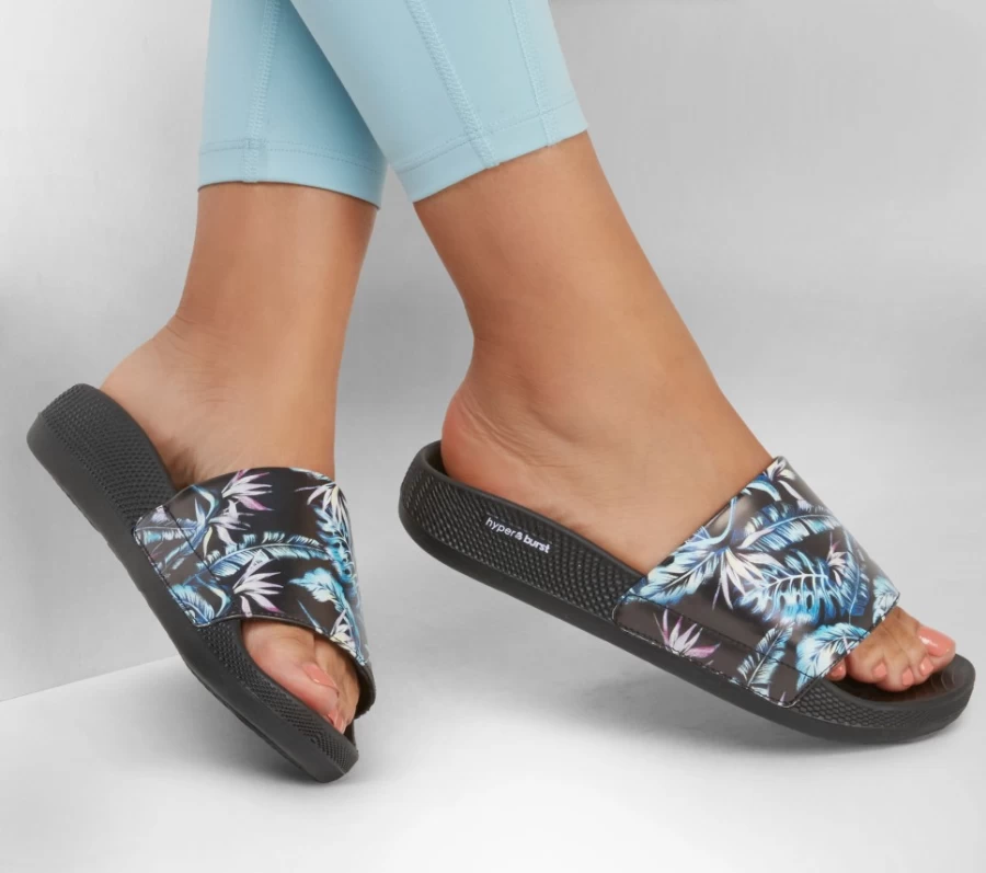 SKECHERS Women's Hyper Slide Sandals - Black & Multi Color Island Palms Design