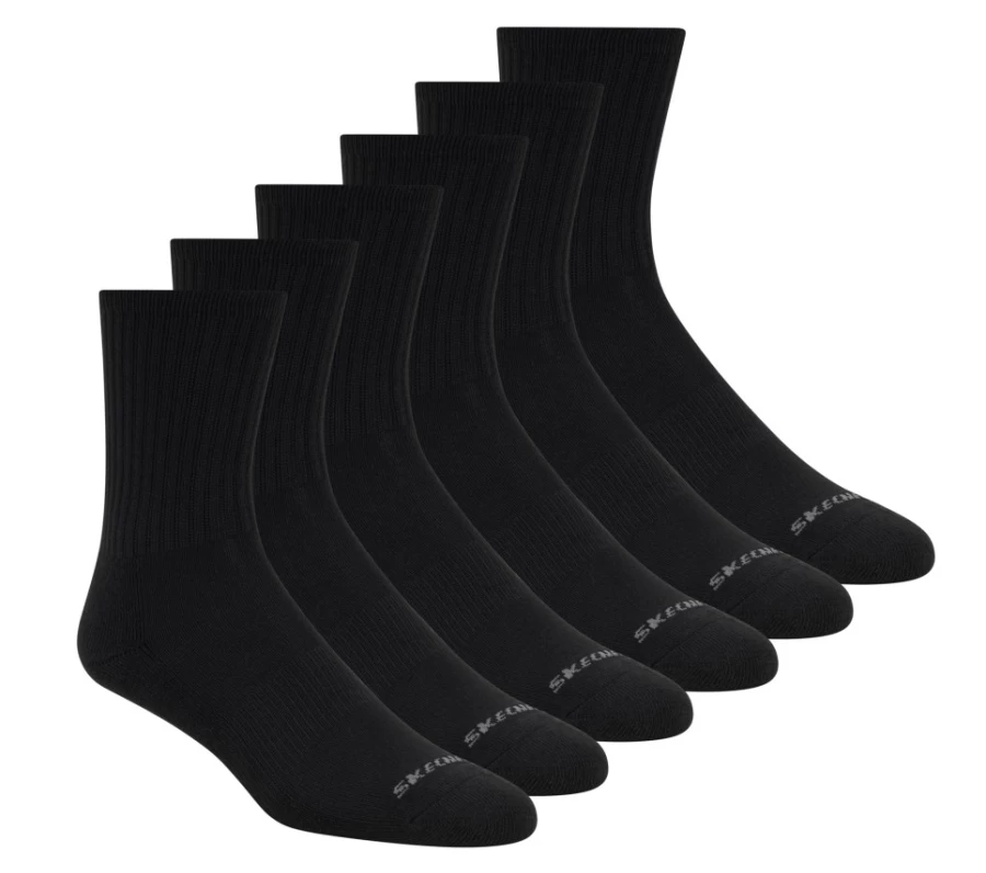 SKECHERS Men's Black Half Terry Crew Socks 6-Pack - Unisex Comfort Athletic Socks