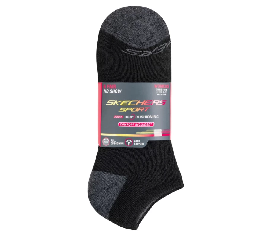 SKECHERS Women's 6 Pack Low Cut No Show Socks - Black Comfort Walking Socks