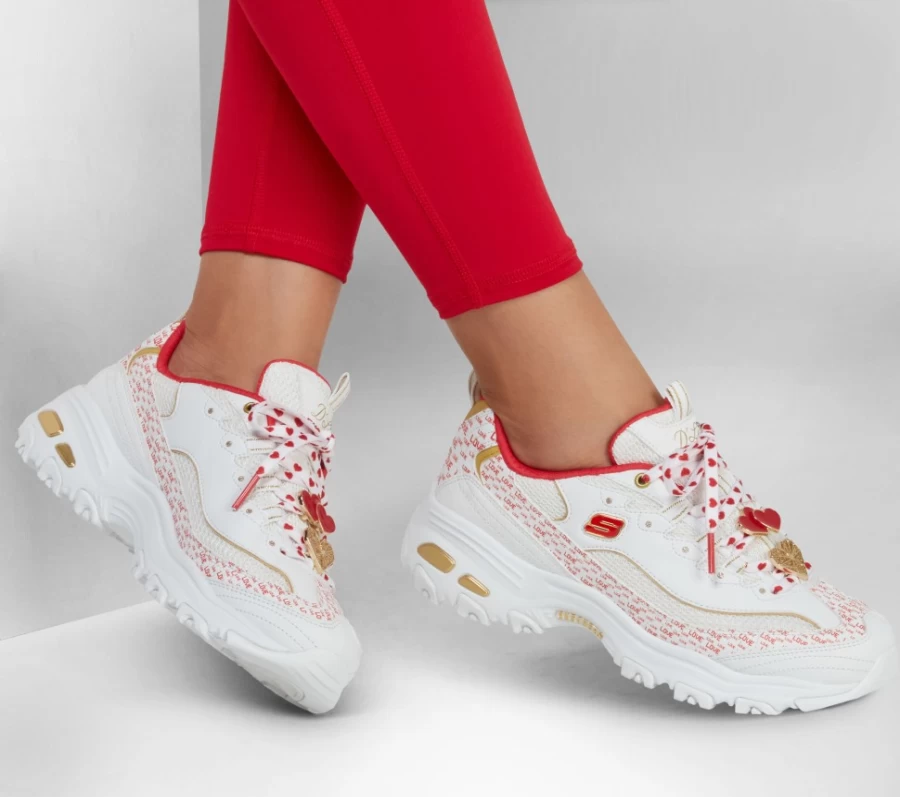 SKECHERS Women's D'Lites You're So Cupid Sneakers in White and Red - Fashion Athletic Shoes