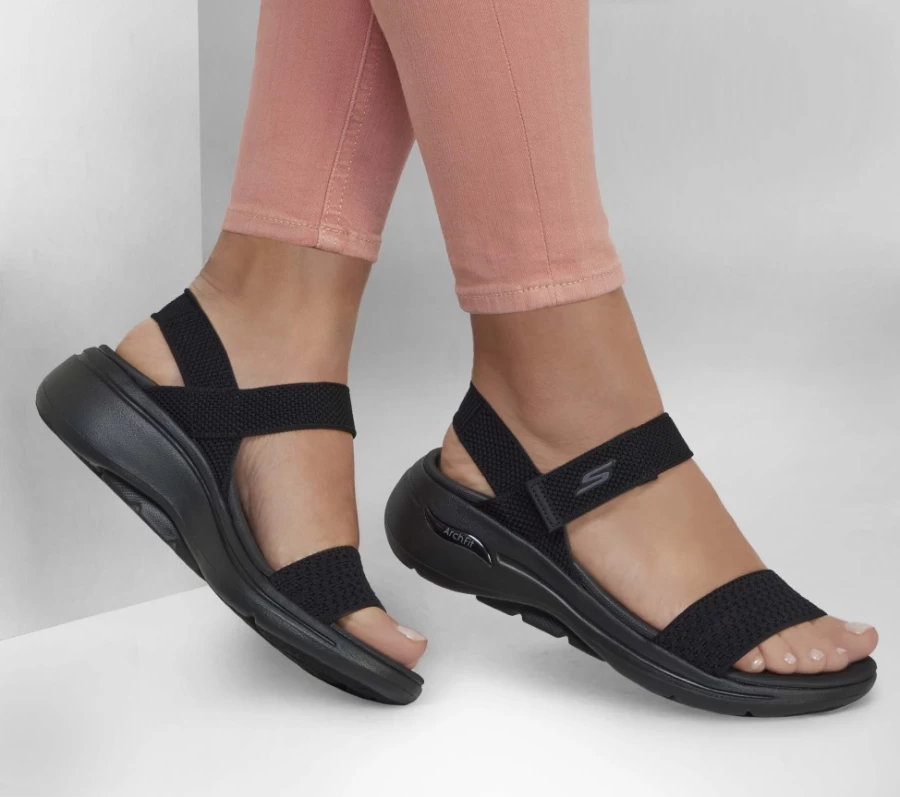 SKECHERS Women's Go Walk Arch Fit Sandal - Black Polished Comfortable Walking Shoes
