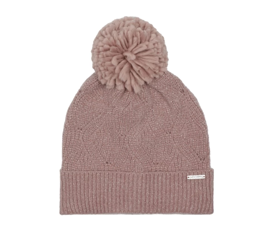 SKECHERS Women's Purple Diamond Metallic Knit Beanie with Pom Pom